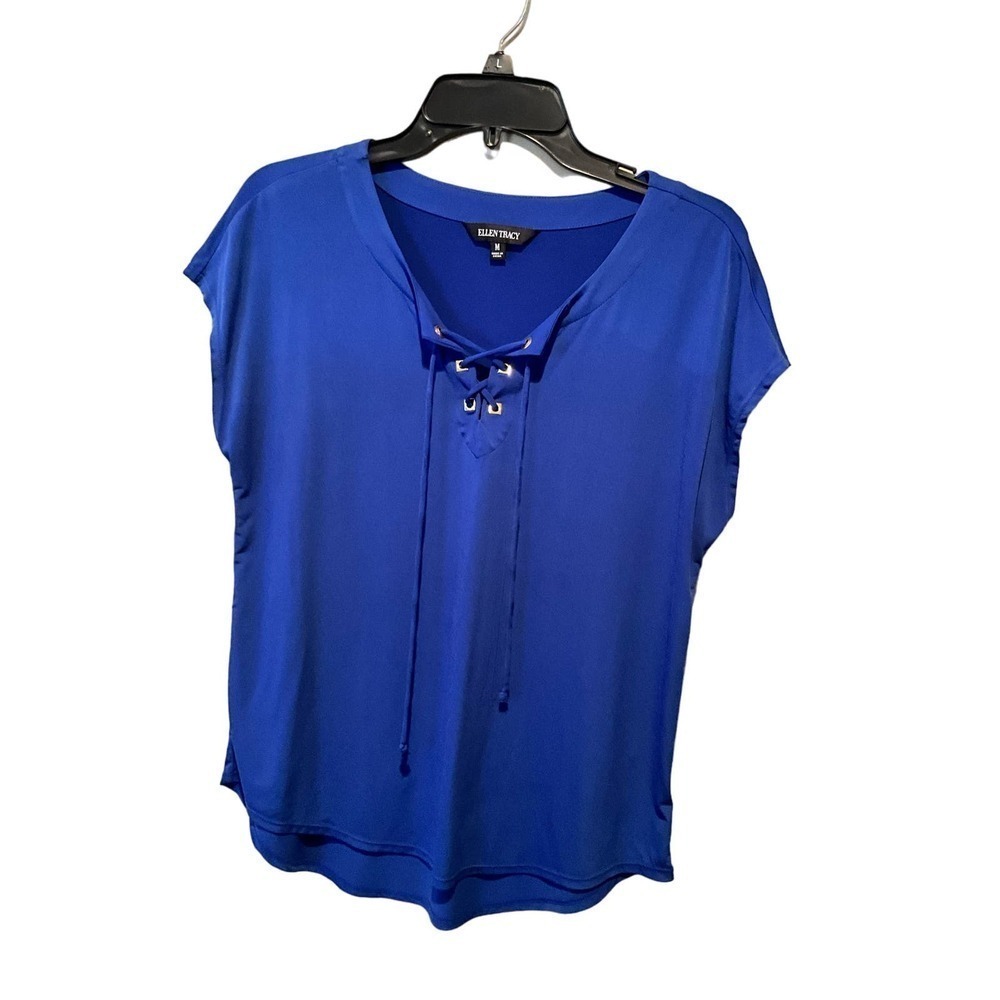 Ellen Tracy Blouse Top Women's M Blue Short Sleeve Drawstring Crewneck Polyester